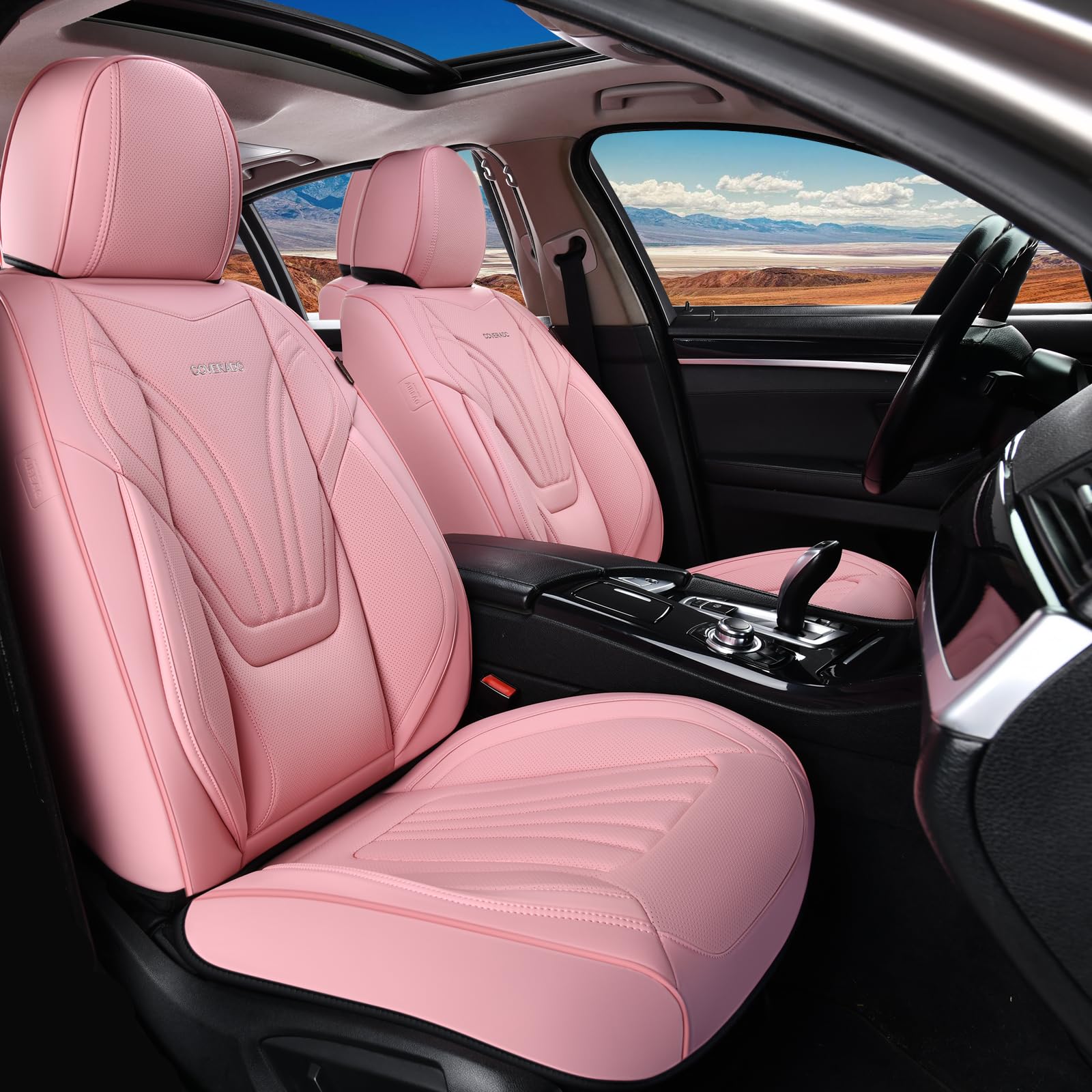 Coverado Car Seat Covers Front Seats, 2 Piece Car Seat Protector with Lumbar Support & Removable Headrest, Breathable Leather Seat Cushion Universal Fit for Truck Automotive Vehicles Pink Image