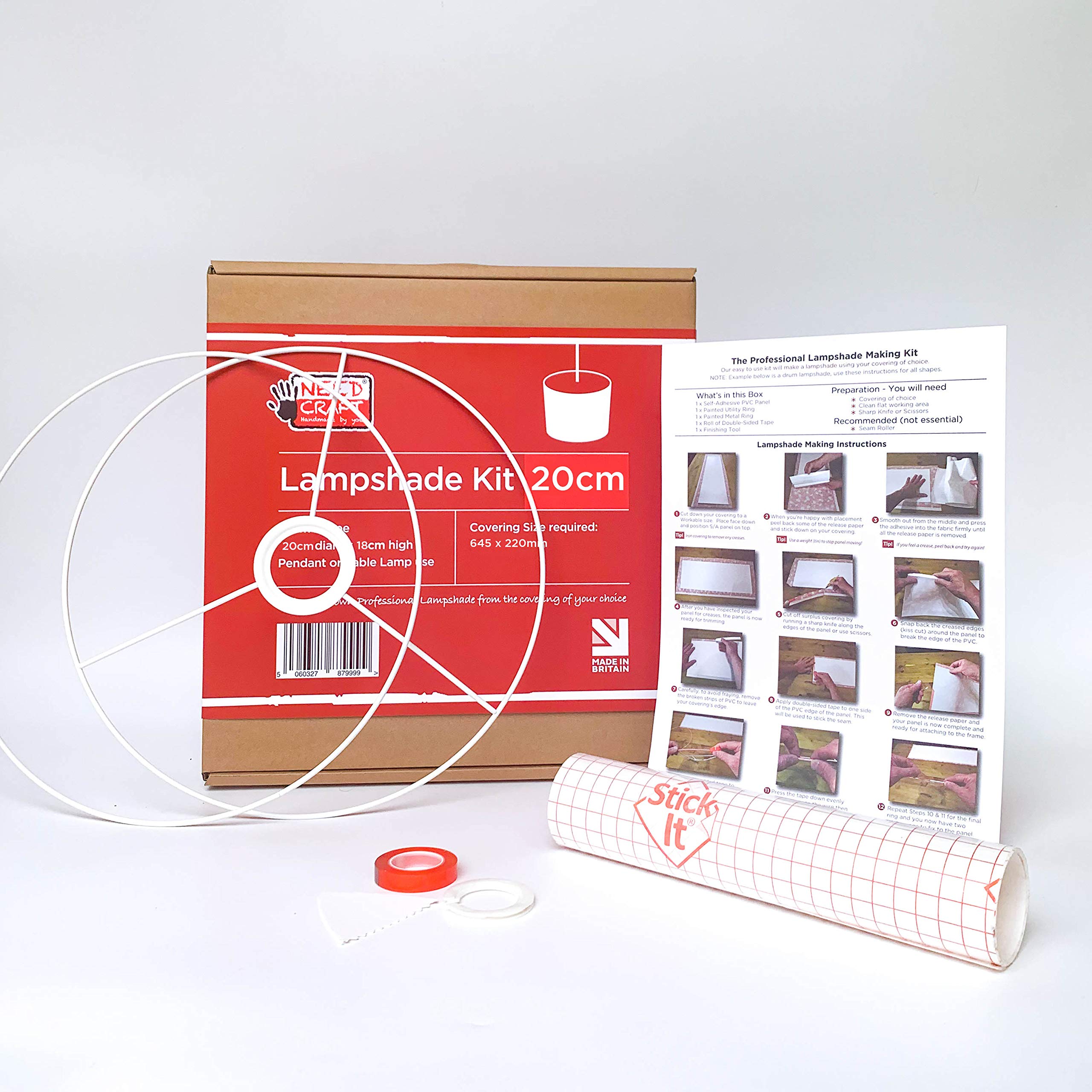 20cm Lampshade Making Kit use with Pendant Ceiling Lights and Table and Floor Lamp, Drum Circle Shape Needcraft UK DIY use with Fabric, Textile, Wallpaper of Choice.