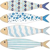 DOPENSPI Putuo Decor 4PCS Wooden Fish Wall Decor with Marine Stripes, 9.8x2.3in Vintage Beach Wall Decor Lake House Hanging Decor Fish Wall Sculpture Ocean Wall Art for Coastal Living Room Bathroom Be