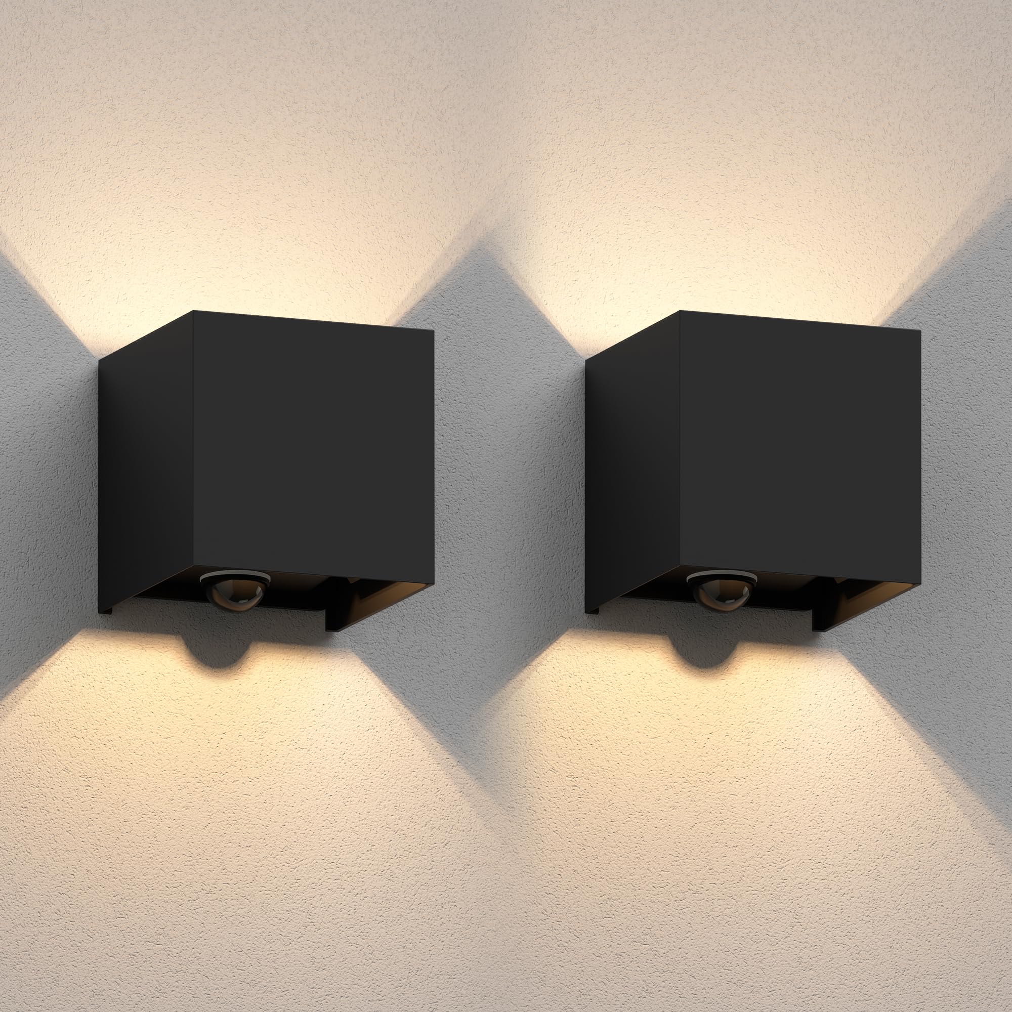 ledscom.de 2 x CUBEL wall Light for Outdoors, IP65, up/Downlight, Motion Detector, matt Black, Square, 1x G9 max. 10W