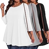 Evervibe 3 Pack Plus Size 3/4 Sleeve Tunics Tops for Curvy Women, Loose Fit Casual Comfy Swing Flare T-shirts for Leggings