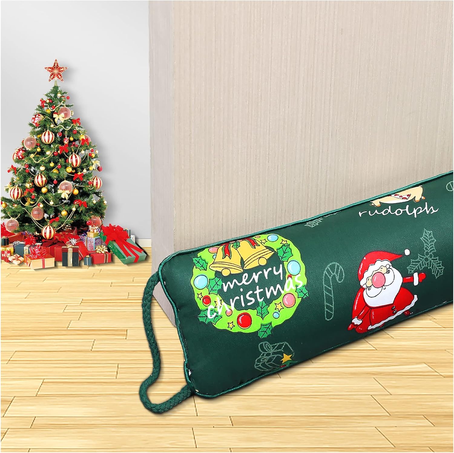 Draft Stoppers - Under Door Draft Stopper Noise Blocker 32 Inches for Door Bottom Air Seal Insulation and Soundproof, Heavy Duty Weather Guard Snake Stripping, Green Christmas