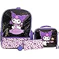 AI ACCESSORY INNOVATIONS Sanrio’s Kuromi 4 Piece Backpack Set, Hello Kitty Kawaii Flip Sequin Girls School Bag with Front Zip Pocket, 2 Side Mesh Pockets, Black & Purple