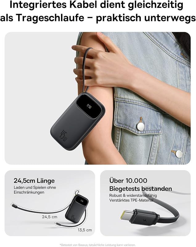 QPow3 Powerbank 45W 20000mAh mit 2 integriertem USB-C Kabel, Power Bank PD3.0 QC4.0, 3 USB C und 1 USB A, LED Display Schnellladefunktion für iPhone 17/16/15 Pro Max, iPad, Galaxy, Schwarz