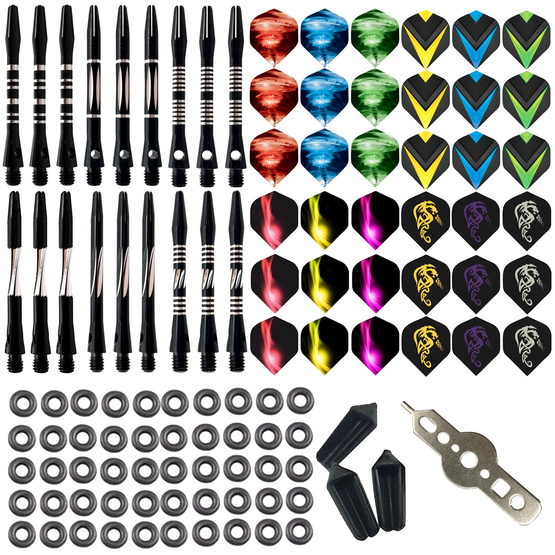 JpGdn 129Pcs Dart Accessories kit Darts Shafts(Stems) and Flights Set Aluminum Dart Stems Darts Throwing Fitting with O'rings Dart Wrench Flight Protectors for Dart Games