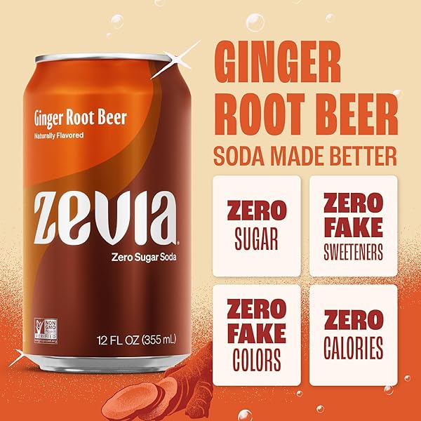 ZEVIA ZERO SUGAR SODA, GINGER ROOT BEER, 12 OZ CANS (24-PACK) – NATURALLY SWEETENED, ZERO CALORIE SUGAR FREE SODA – NON-GMO PROJECT VERIFIED, GLUTEN-FREE, VEGAN
