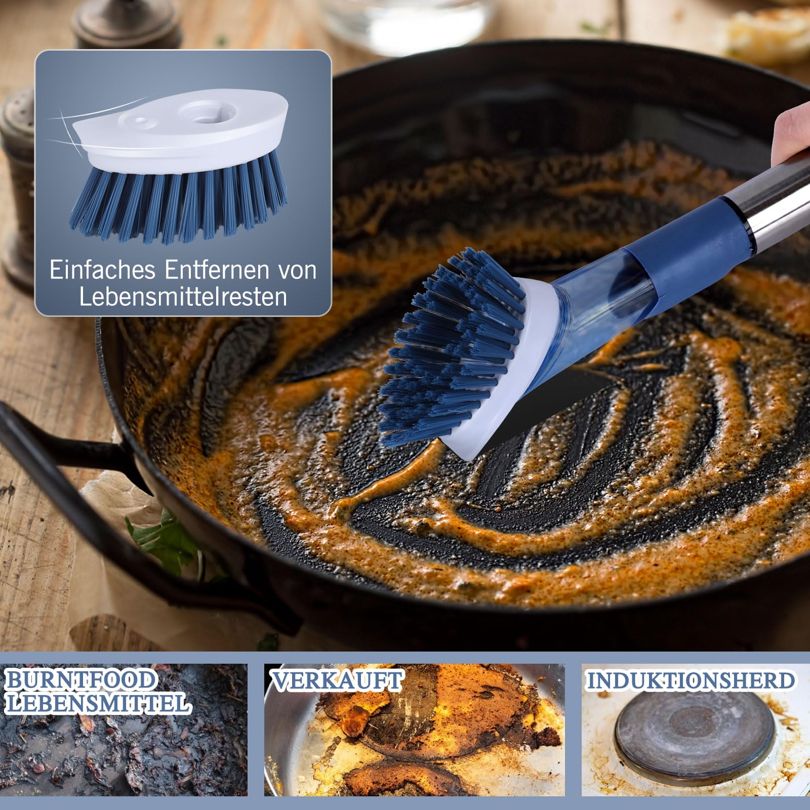 Masthome Spülbürste mit Spülmittelspender, Befüllbare Spülbürste, 4 Verschiedenen Ersatzköpfen, Multifunktional Küchenbürste Reinigungsbürste, Geschirrbürste für Geschirr, Töpfe, Spülen Reinigung 5