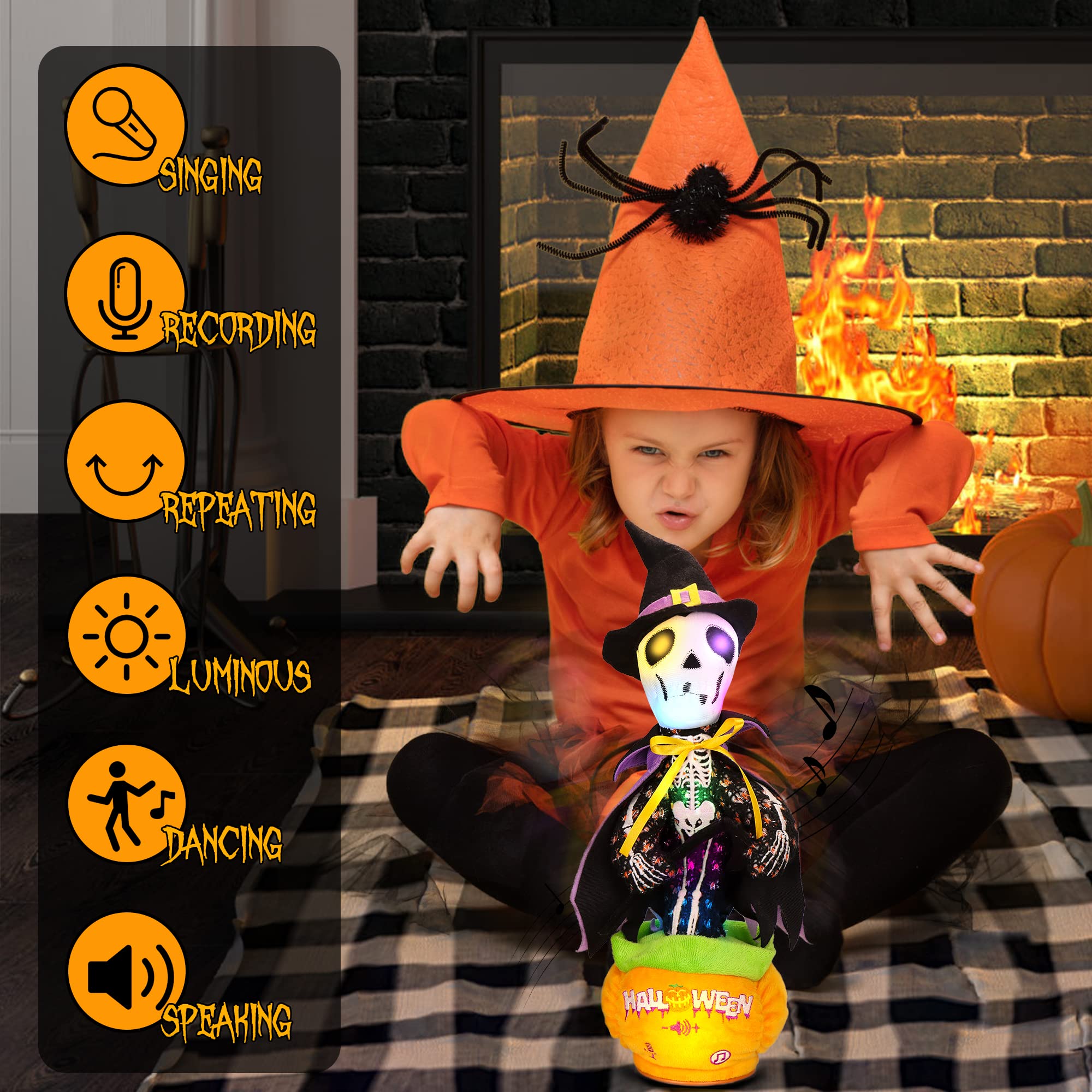FATIRO Halloween Skull Talking, Singing, Repeating, Twisting, Glowing, Shaking, Dancing Skeleton, Decorating, Halloween Party Gifts