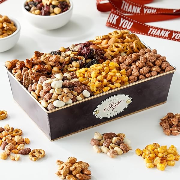 BROADWAY BASKETEERS THANK YOU NUTS GIFT BASKET – ASSORTED 6 GOURMET VARIETY NUTS, TRAIL MIXES, SWEETS SNACK FOOD BOX, HEALTHY GIFTS, MEN & WOMEN, TEACHER, CORPORATE, EMPLOYEE APPRECIATION