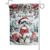 Winter Garden Flag 12x18 Inch, Xmas Schnauzer Dog Poinsettia Snow Trees Vertical Double Sided Decorative Yard Flag Banner for Farmhouse Seasonal Porch Lawn Home Outdoor Decoration