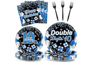 Qyeahkj 100 Pcs 10th Birthday Decorations for Boys Official Teen 10th Supplies Plate Napkin Forks Set Disposable Blue 10th Birthday Tableware Paper Plates Dinnerware for Kids Teenager Favors Serve 25