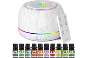 ASAKUKI Ellipse Aroma Diffiser with Essential Oils Set, 300ml Essential Oil Diffuser with Remote Control, Humidifier with 14 Color Lights for Large Room, 4 Timer Setting, Auto Shut-Off-White Wood