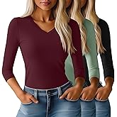 Huukeay 3 Pack Women's 3/4 Sleeve T-Shirts, Summer V Neck Slim Fit Tops Casual Tight Going Out Blouse Basic Layer Tees