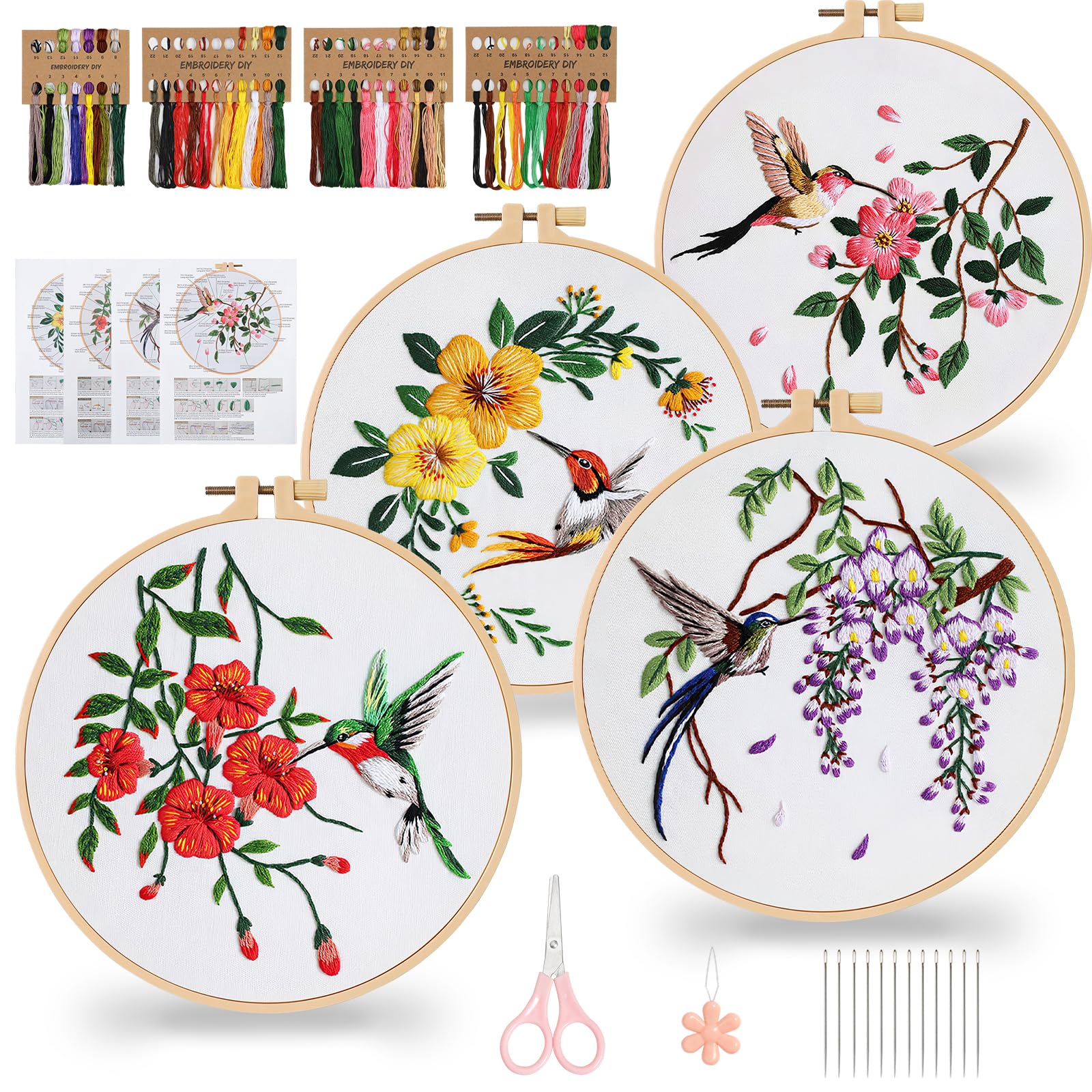 Dremislnd 4 Set Embroidery Kit for Beginners Adults Hummingbirds Flowers Embroidery Practice Kit Cross Stitch Starter Kits DIY Embroidery Kits with Birds Include Instructions Hoop Floss Thread