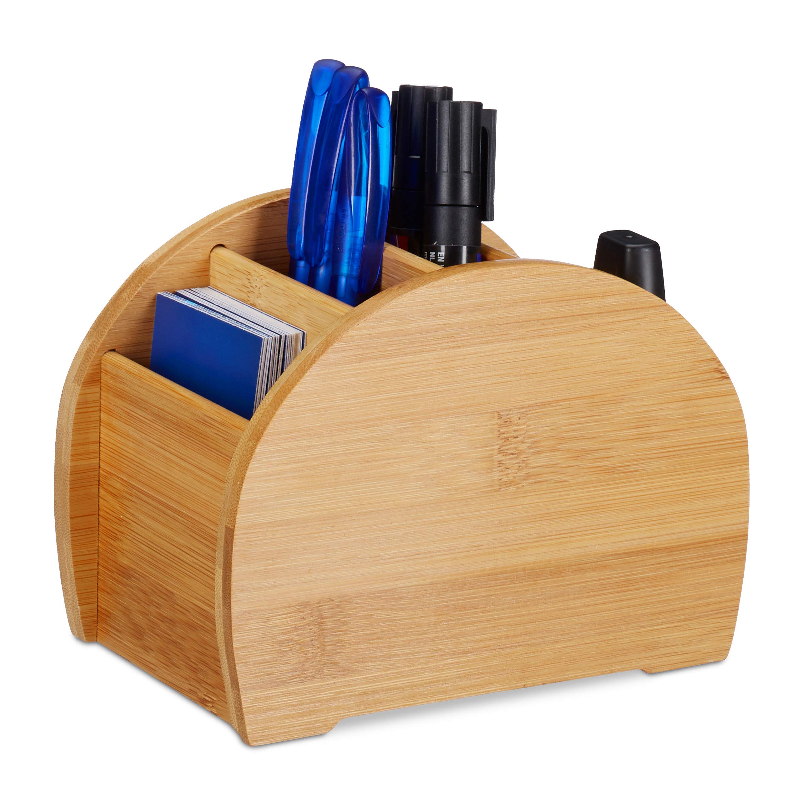 Relaxdays Bamboo Pen Holder, 4 Compartments, Natural Look, Office Desk Stationery Organiser, Natural