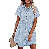 GRAPENT Denim Dress for Women Babydoll Tiered Short Sleeve Button Down Jean Shirt Dresses