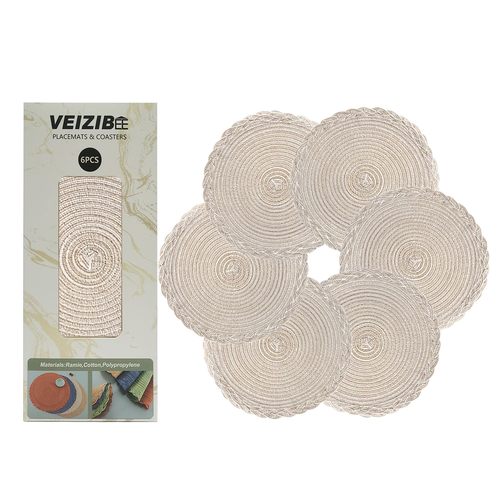 VEIZIBEE Woven Round Placemats 6PCS 30cm, Heat Resistant Braided Table Mats, Washable Anti Slip Round Hand Woven Fabric Coasters for Kitchen Dining Table, European Style