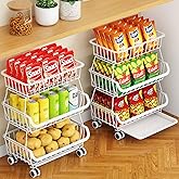 3-Tier Rolling Pantry Cart with Wheels, Stackable Wire Storage Floor Organizer for Kitchen Pantry Snack Shelves, Fruit Basket Stand, Vegetable Storage Rack for Food Snacks Onion Potato, White