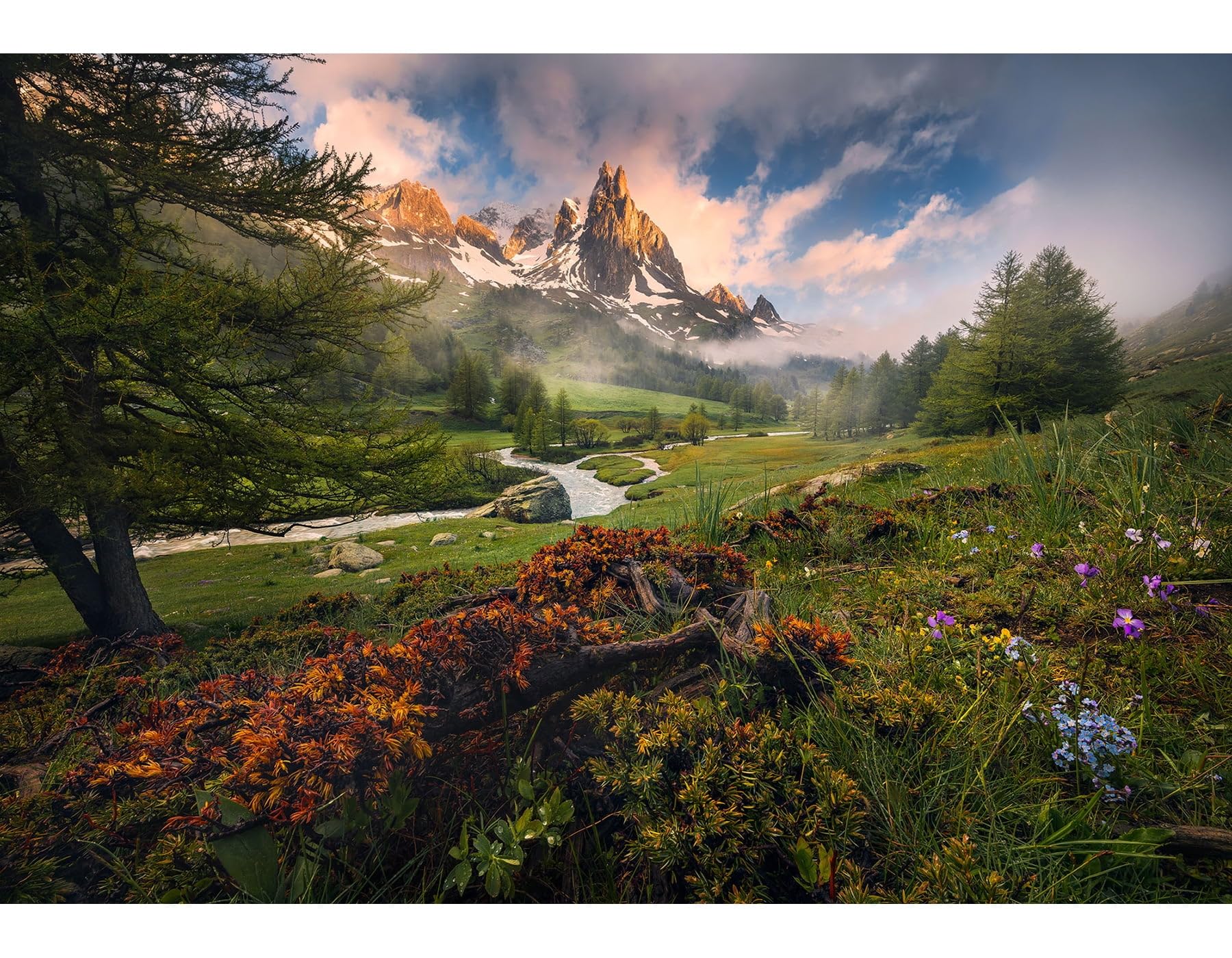 Komar Photo Wallpaper Morning Walk Size 368 x 254 cm Wallpaper Mountains Flowers Water Landscape Sky Bedroom Living Room