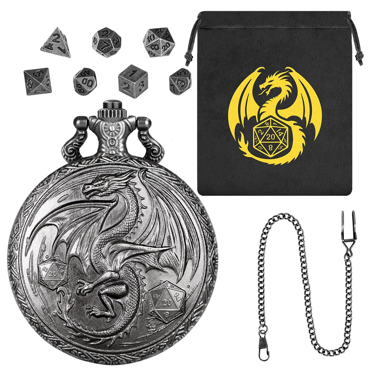 Mini DND Dice Set, Steampunk Winged Dragon Pocket Watch Shell Case, 7-Piece Polyhedral Metal D&D Dice, DND Gift Bag with Dragon Logo, Role Play Board Game Accessories, Dark Silver