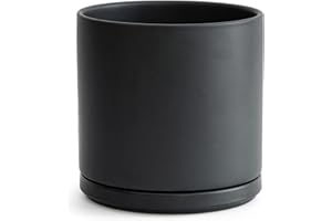 D'vine Dev 10 Inch Ceramic Planter Pot with Drainage Hole and Saucer, Indoor Cylinder Round Planter Pot, Black, 94-O-L-2