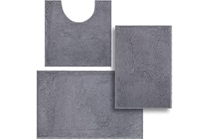 VAGAU 3 Pieces Bathroom Rugs, Anti-Slip Chenille Bath Rug, Super Absorbent Luxury Shaggy Bath Mats Set, Perfect Plush Carpet for Tub, Shower, Bath Room,Machine Washable(Dark Grey)