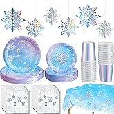 Uiifan Winter Snowflake Birthday Party Supplies Blue and Purple Wonderland Plates Tablecloth Napkins Laser Cups 3D Hanging Snowflakes Tableware Sets for Snowflake Party Decorations