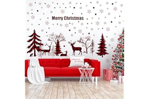 CLOTHMILE Merry Christmas Wall Decal Red Black Buffalo Plaid Christmas Tree Deer Wall Sticker Forests Animals Art Wall Sticker for Xmas Party Supplies Home Wall Decor