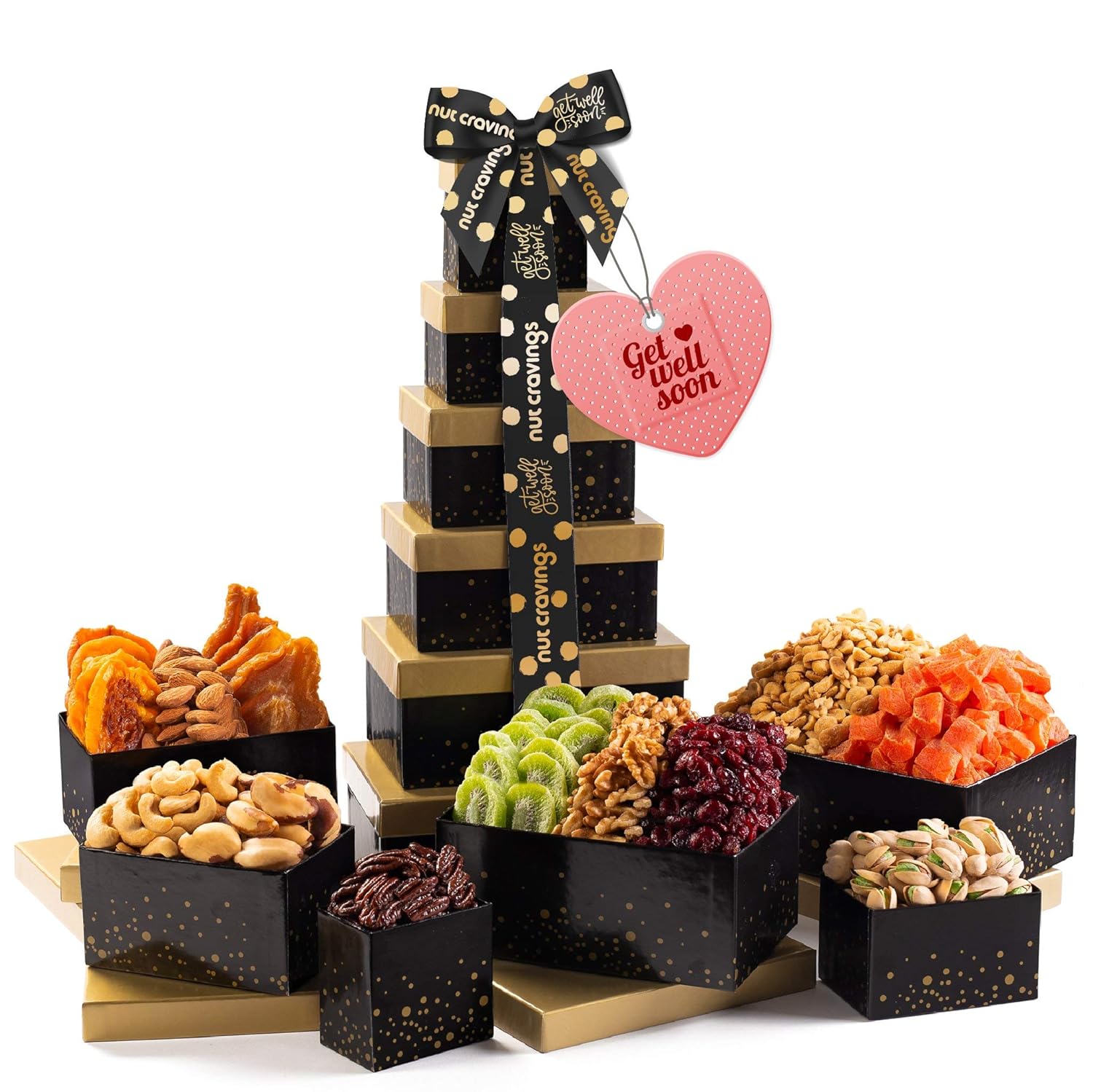 Get Well Soon Nut & Dried Fruit Tower Gift Basket, (12 Mix) - Valentine Food Arrangement Platter, Care Package Variety, Prime Birthday Assortment, Healthy Kosher Snack Box for Women, Men, Adults