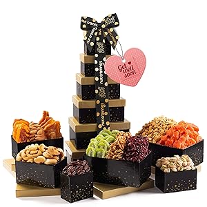 Get Well Soon Nut & Dried Fruit Tower Gift Basket, (12 Mix) - Valentine Food Arrangement Platter, Care Package Variety, Prime Birthday Assortment, Healthy Kosher Snack Box for Women, Men, Adults