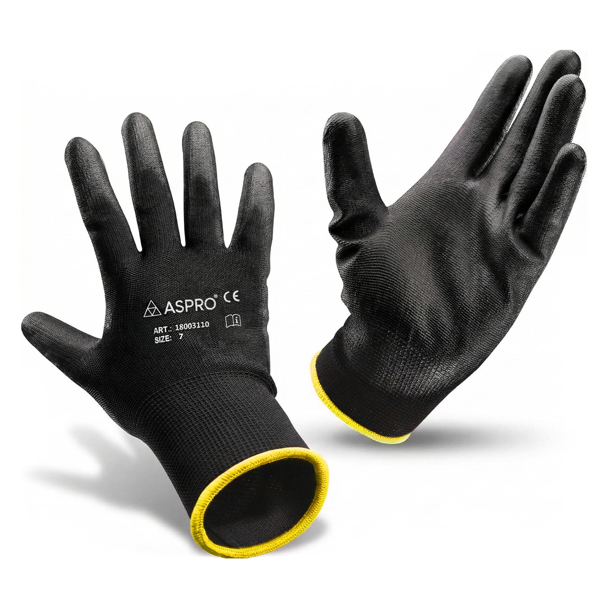 ASPRO 10 Pairs Work and Gardening Gloves - Black Nylon PU Coated Workwear Gloves for Builder, Gardener, Mechanic, Construction, Warehouse etc Size 7 (S)