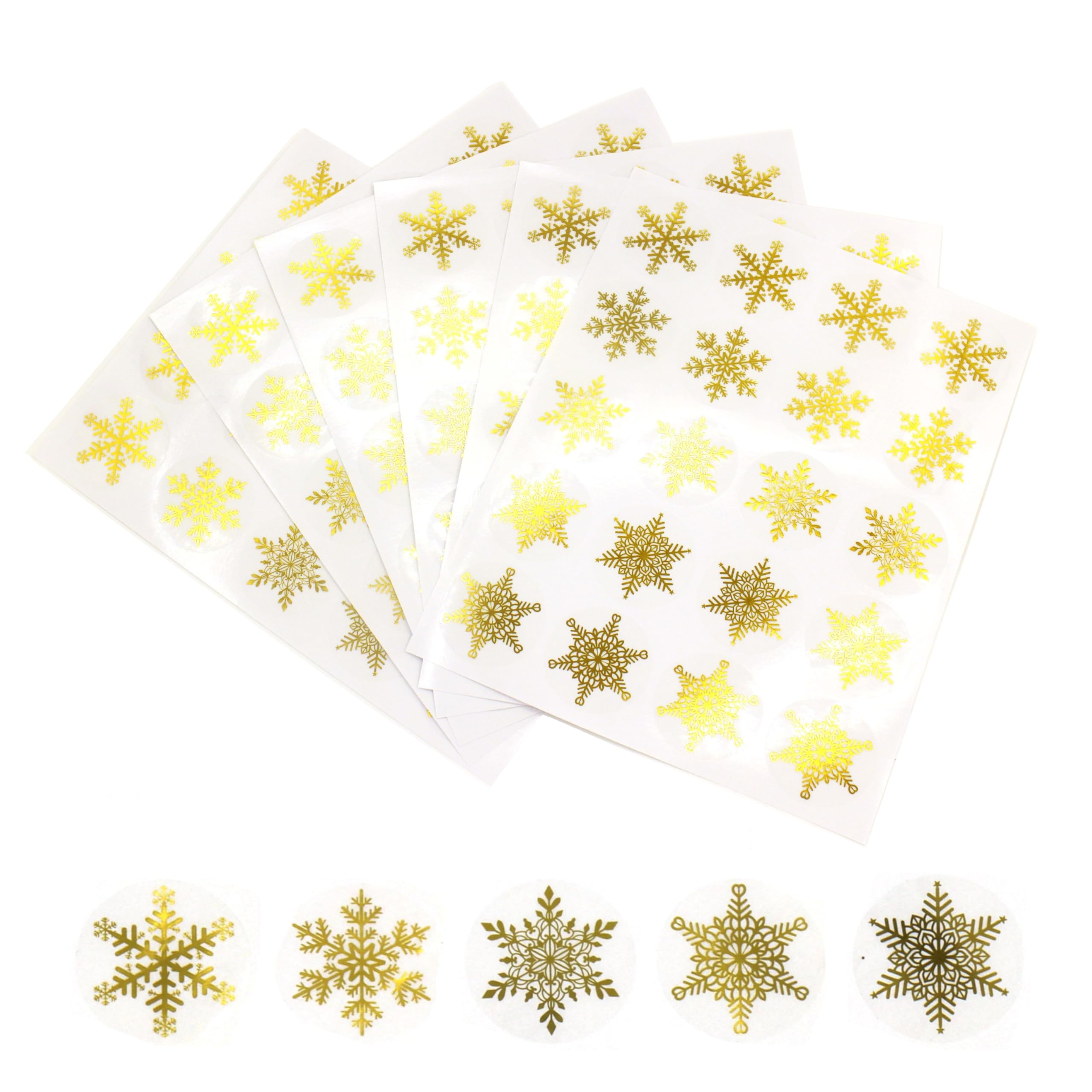 Masper 3.8cm/500 Christmas Snowflakes Stickers in 25 Sheets of 20 Each, 5 Transparent Gold Designs of Winter Holiday Stickers for Christmas Decorations Envelopes Cards Crafts