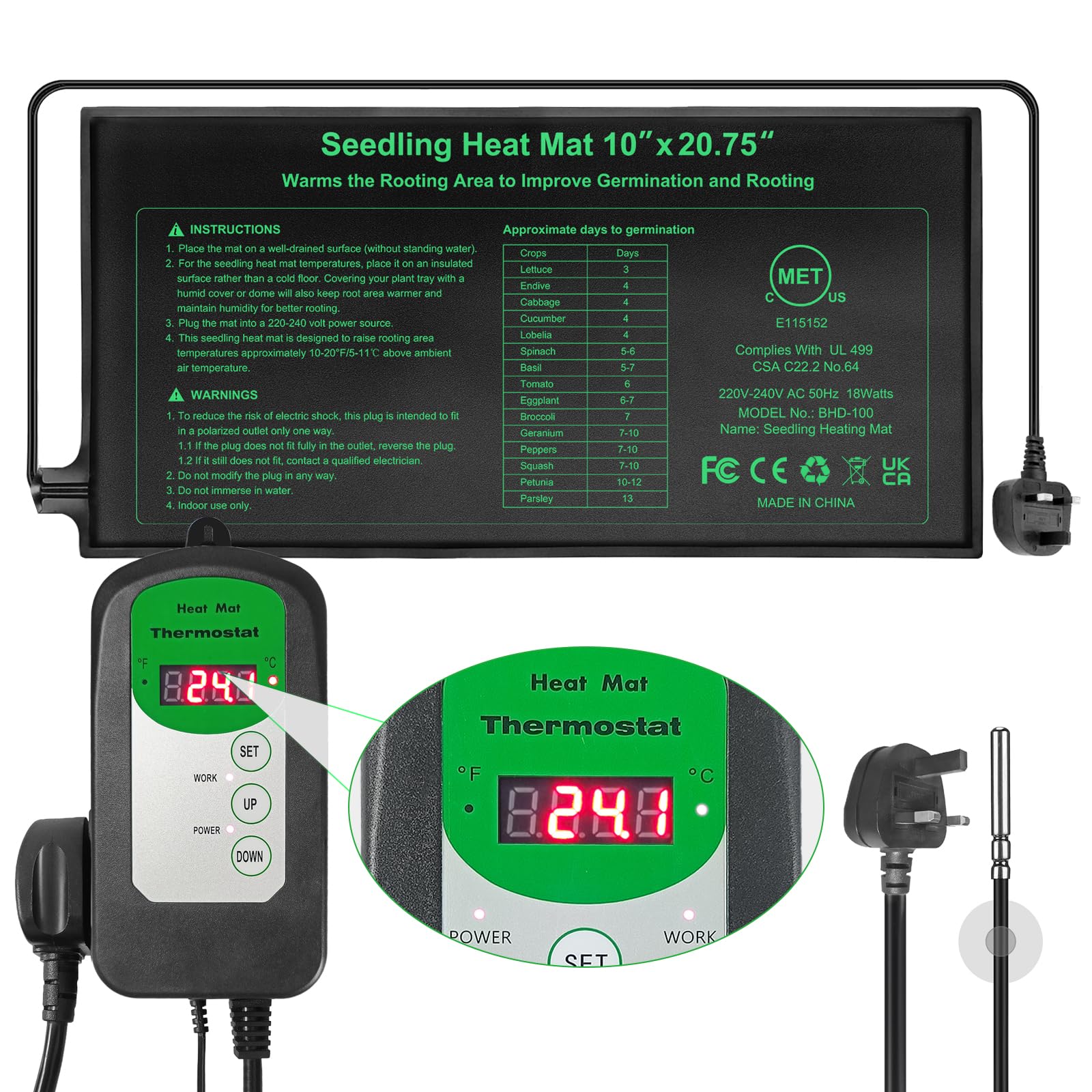 RC SLL Seedling Heat Mat 10" x 20.75" and Digital Thermostat Combo Set,Waterproof Plant Heating Mat with Thermostat Controller for Indoor Seed Starting and Plant Germination