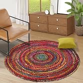 GRUHUM Jute Area Rug 8 ft Round Natural Cotton Multi Chindi Hand Woven Rug | 100% Cotton Handwoven Rag Rug Colorful Boho Vintage Soft Reversible Eco-Friendly Indoor Living Room Bedroom High Traffic Use