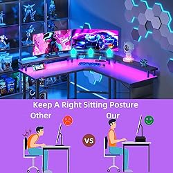 L Shaped Gaming Desk with LED Lights & Power