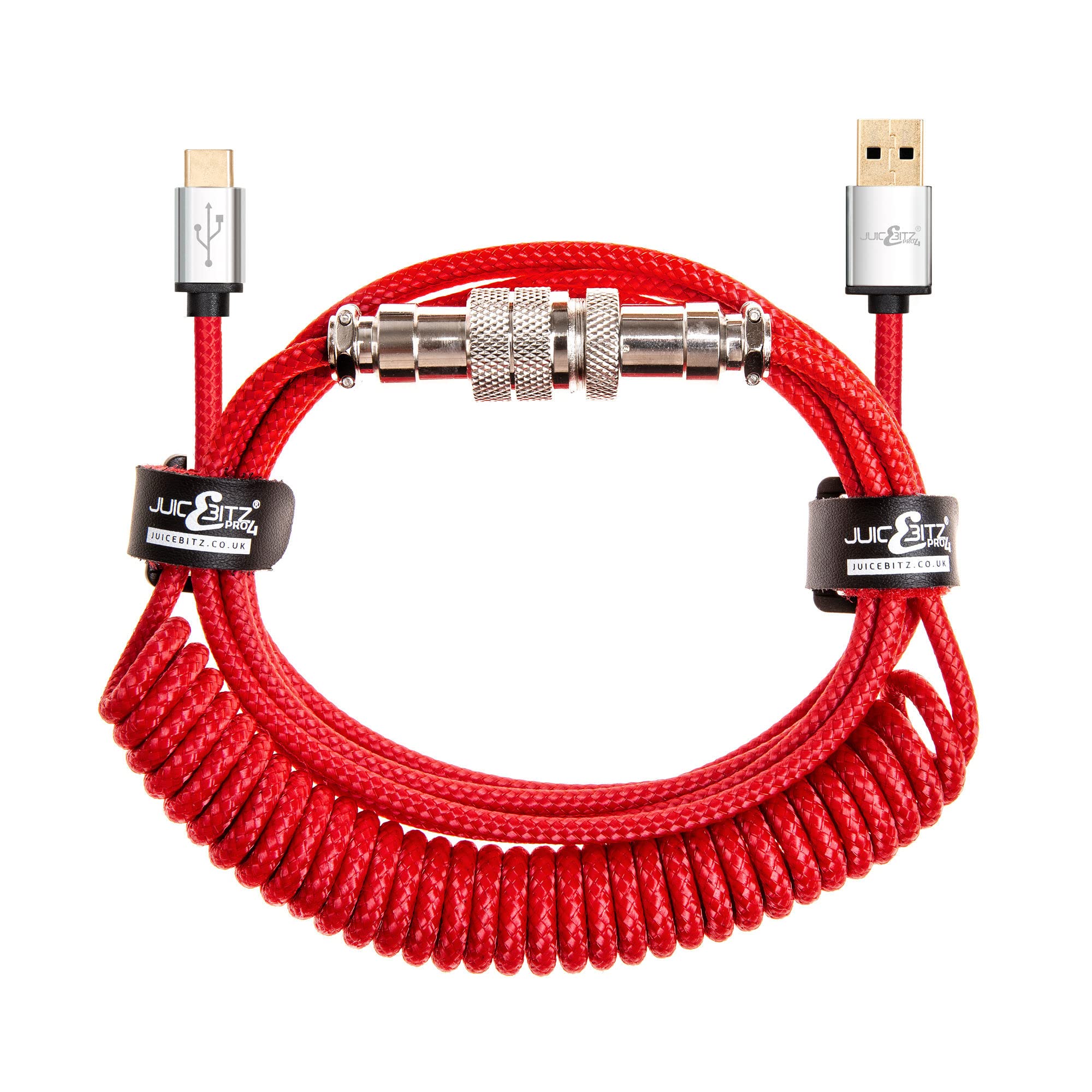 JuicEBitz USB A to Aviator GX16 to USB Type C Retractable Coiled Cable compatible with Ducky, Anne Pro, Tofu65 Mechanical Keyboard (Red)