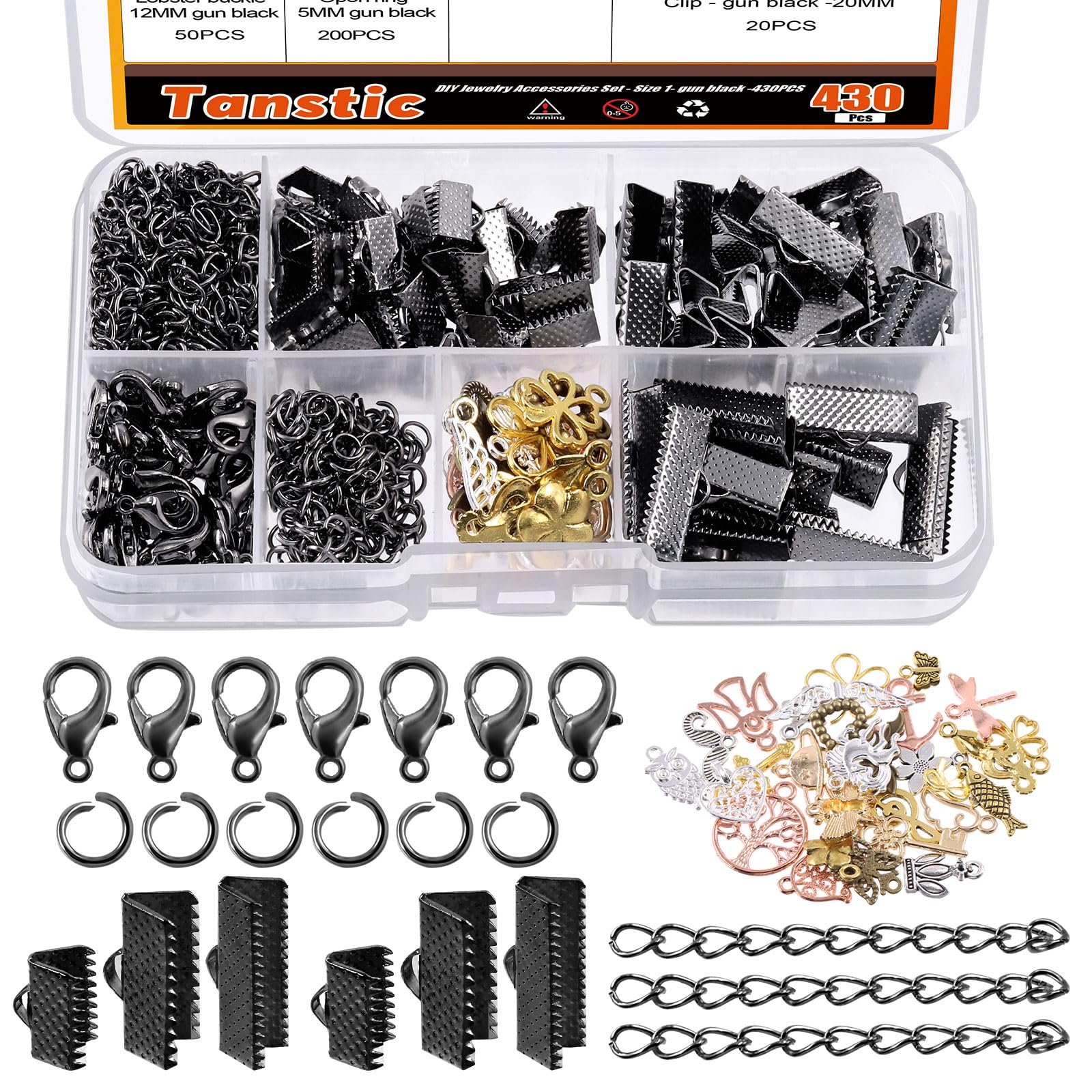Tanstic 430Pcs Black Ribbon Ends Fastener Clasps Kit, Bookmark Pinch Crimp Ends with Open Jump Rings, Lobster Claw Clasps, Chain Extenders and Pendant Charms for DIY Crafts