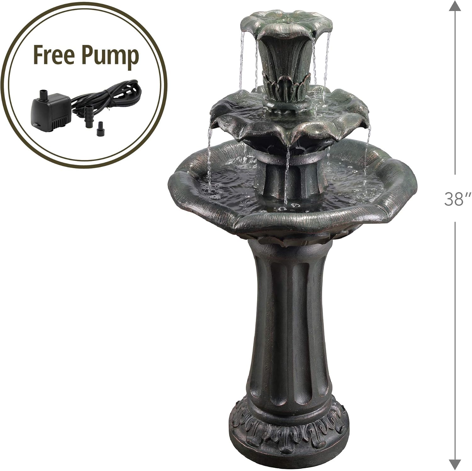 Peaktop VFD8207 - Outdoor Lily 3-Tier Waterfall Fountain - 37.8", Dark Grey : Garden & Outdoor