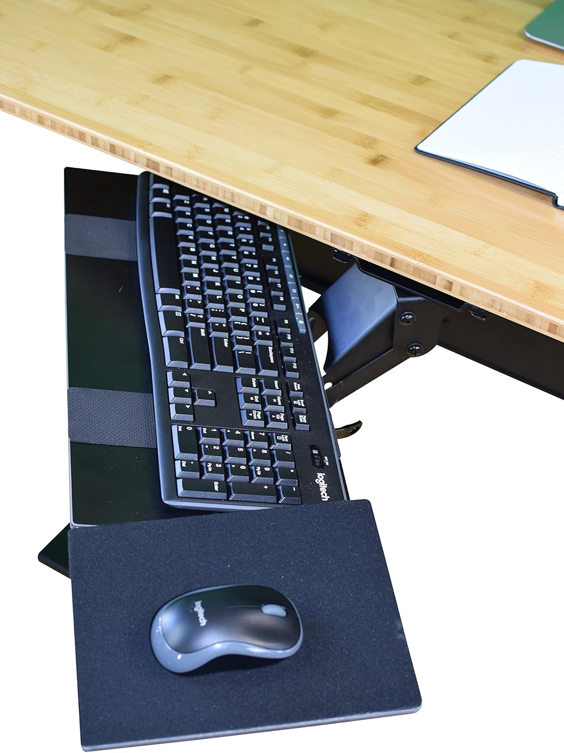 KT1 Ergonomic Under-Desk Computer Keyboard Tray. Adjustable height angle negative tilt sliding pull out drawer platform swivels 360 slides office products furniture desktop accessories with mouse pad : Office Products