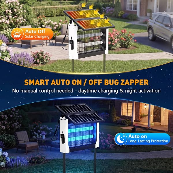 SOLAR BUG ZAPPER OUTDOOR, 4500V SOLAR MOSQUITO ZAPPER WITH DUAL SOLAR PANELS, 1/2 ACRE COVERAGE CORDLESS RECHARGEABLE ELECTRIC FLY ZAPPER, IPX5 WATERPROOF MOSQUITO TRAPS FOR BACKYARD, PATIO, CAMPING