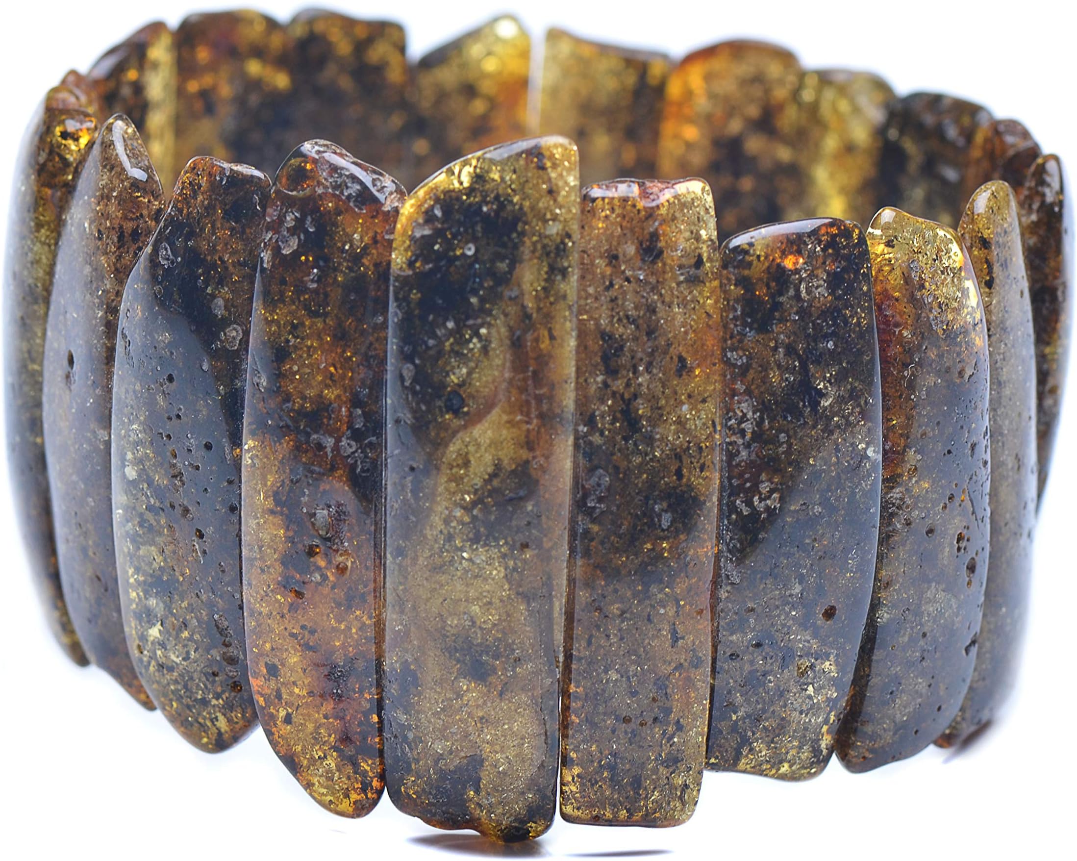 Unique Style Baltic Amber Bracelet for Adult on Elastic Thread - Shiny Amber Stones - Unique Shape - Green Color Amber