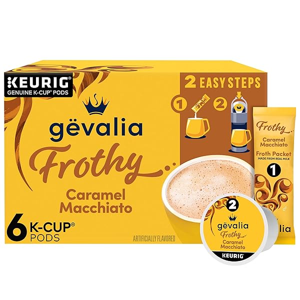 GEVALIA FROTHY 2-STEP ARTIFICIALLY FLAVORED CARAMEL MACCHIATO ESPRESSO STYLE K-CUP COFFEE PODS & FROTH PACKETS KIT, 6 CT BOX