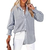 Gleeivy Womens Oversized Button Down Shirts Striped Smocked Cuff Long Sleeve Fall Blouses with Pocket Casual Collar Work Tops