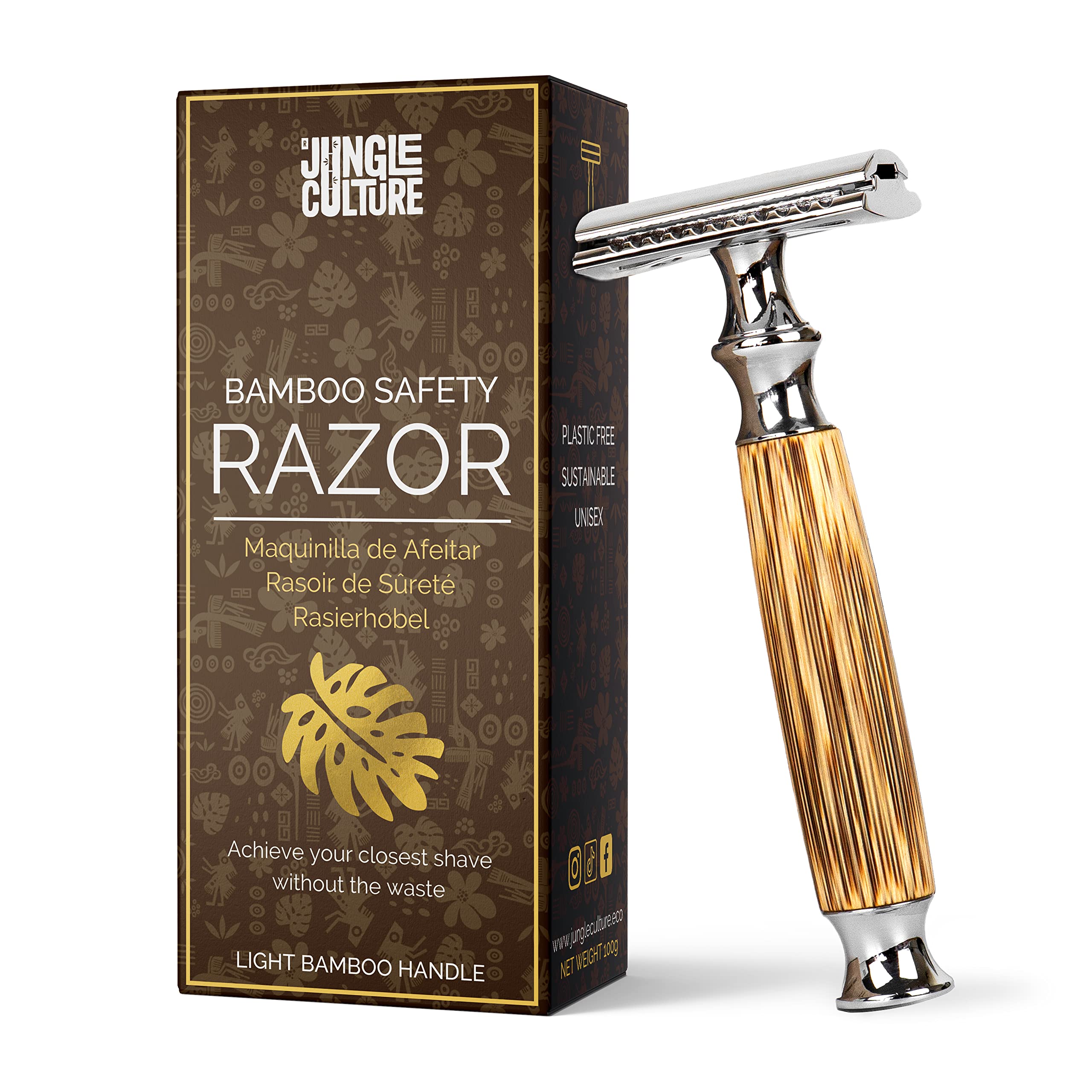 Jungle Culture® Bamboo Safety Razor for Men & Women • Premium Eco Friendly Razor • Fits Double Edge Blades • Plastic Free & Zero Waste Shaving • Light