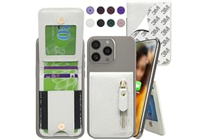 Harryshell Stick on Adhesive Phone Wallet with Card Slots [Hold Up to 6 Cards] [Kickstand] Cash Coin Zipper Pocket for iPhone/Samsung/Google Most Smart Phones (White)