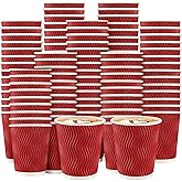 Funnymoom 200 Pack 8 oz Disposable Coffee Cups Red Insulated Corrugated Paper Coffee Cups with Ripple Wall Design Suitable for Hot or Cold Drinks Cafe Restaurant Office Home Party Picnic BBQ