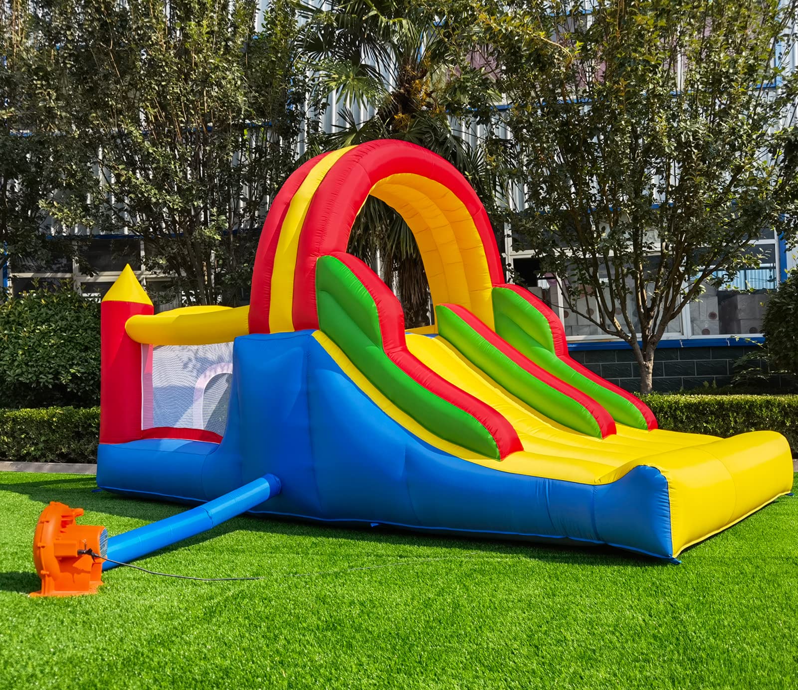 HuaKastro 16x7.2FT Inflatable Bounce House with 2 Racing Slides & Large Climbing Wall, 3 in 1 Kids Inflatable Trampoline Rainbow Jumping Castle Kids Backyard Playgrounds - with Air Blower