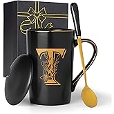 Jmugmt Letter T Personalized Initial Mugs with Flower, Letter T Personalized Coffee Mug, Customized Cool Letters Mugs for Women, Bridal Shower Gifts, Women's Initials Gifts Mug 14 OZ Matte Black
