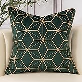 Aeckself Velvet Embroidery Pillow Cover 20x20 Inch, Luxury Modern Decorative Plaid Throw Pillow Cover for Couch Bedroom Living Room, Dark Emerald Green and Gold, WHJ-Green5050