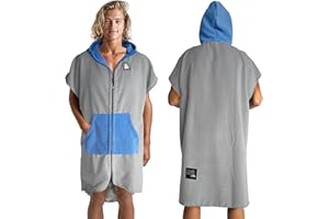 Pilotfish Surf Poncho Changing Robe Towel - Hooded, Zippered Towel Poncho for Beach, Surfing, Swimming | 2 Front Pockets, Machine Washable, (Gray/Blue, Large)